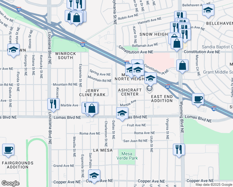 map of restaurants, bars, coffee shops, grocery stores, and more near 1019 Pennsylvania Street Northeast in Albuquerque