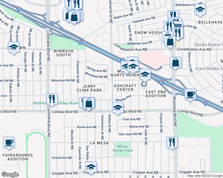 map of restaurants, bars, coffee shops, grocery stores, and more near 1019 Pennsylvania Street Northeast in Albuquerque