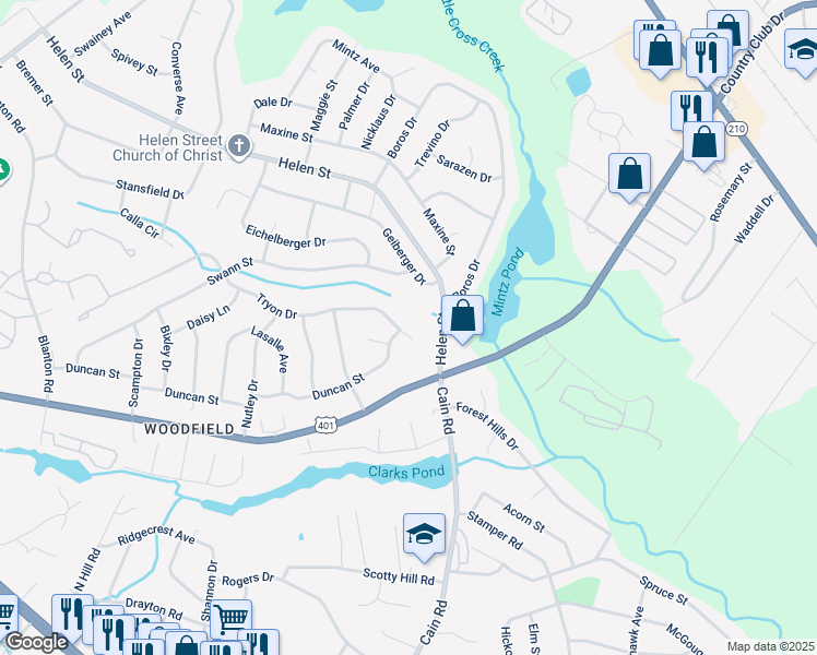 map of restaurants, bars, coffee shops, grocery stores, and more near 1624 Tryon Drive in Fayetteville