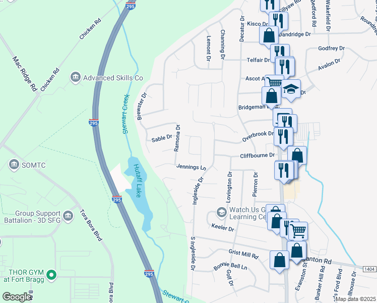 map of restaurants, bars, coffee shops, grocery stores, and more near 348 Crabapple Circle in Fayetteville