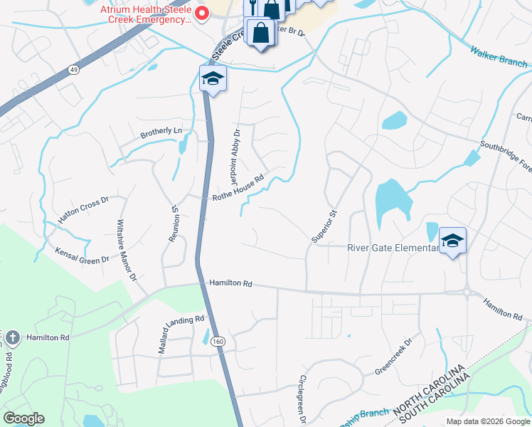 map of restaurants, bars, coffee shops, grocery stores, and more near 15548 Normans Landing Drive in Charlotte
