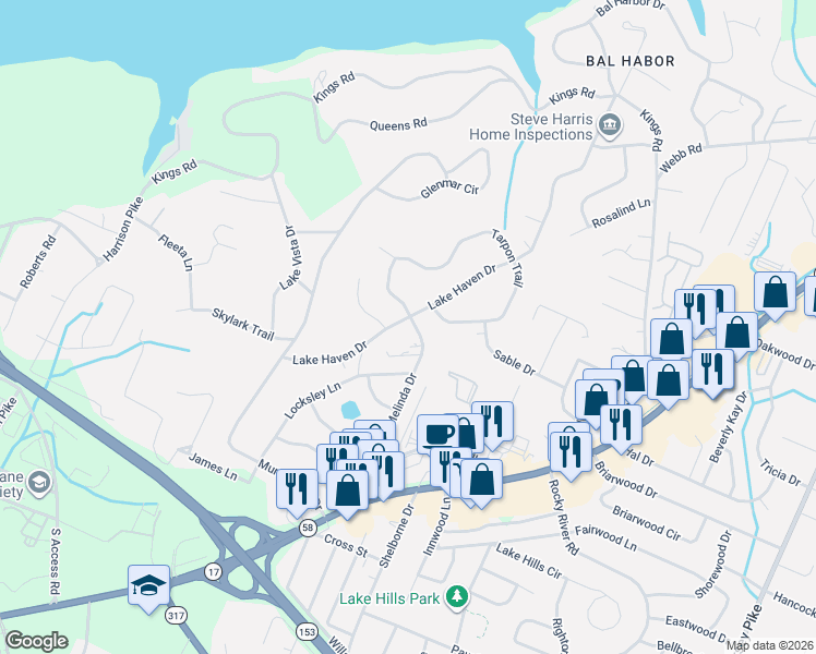 map of restaurants, bars, coffee shops, grocery stores, and more near 4131 Melinda Drive in Chattanooga