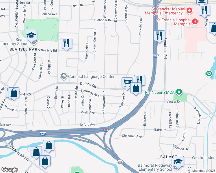 map of restaurants, bars, coffee shops, grocery stores, and more near 5547 Quince Road in Memphis