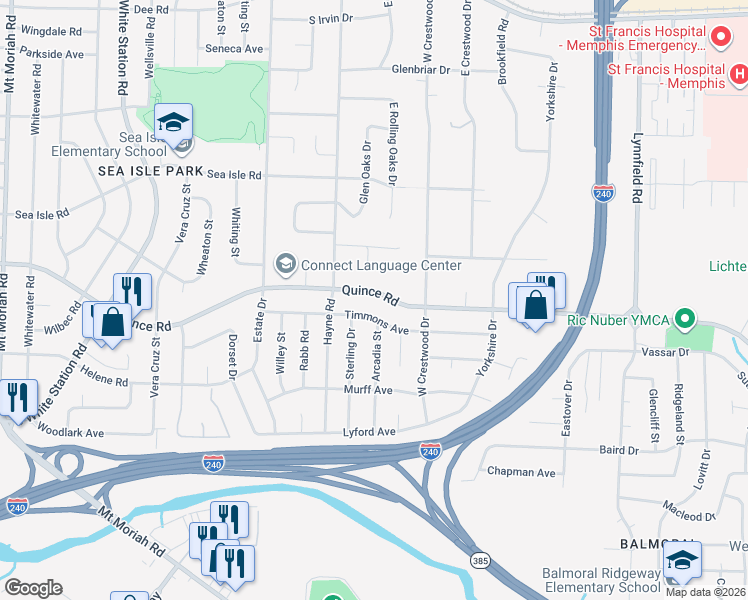 map of restaurants, bars, coffee shops, grocery stores, and more near 5450 Timmons Avenue in Memphis