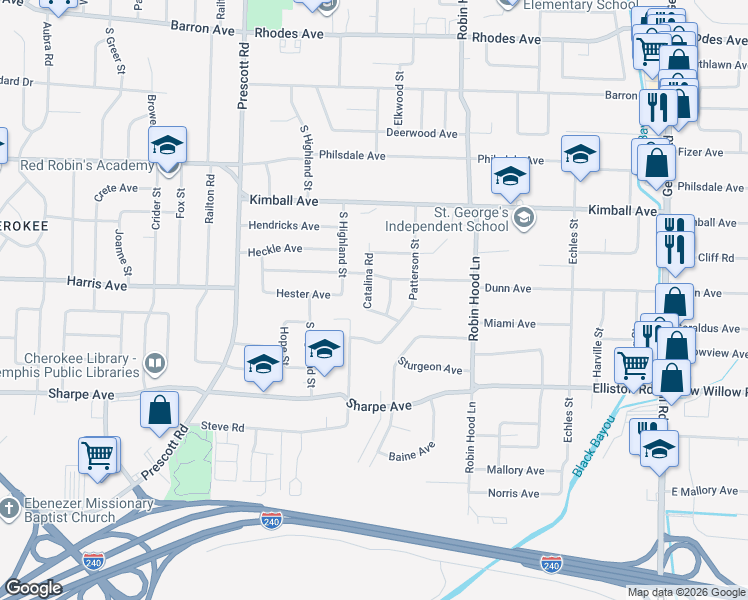 map of restaurants, bars, coffee shops, grocery stores, and more near 1544 Elkwood Street in Memphis