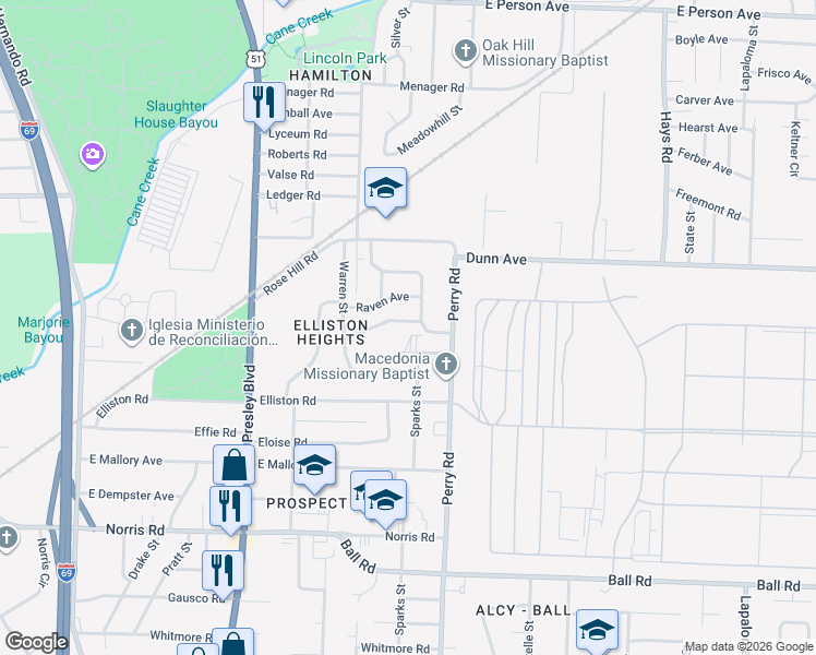 map of restaurants, bars, coffee shops, grocery stores, and more near 1532 Cane Road in Memphis