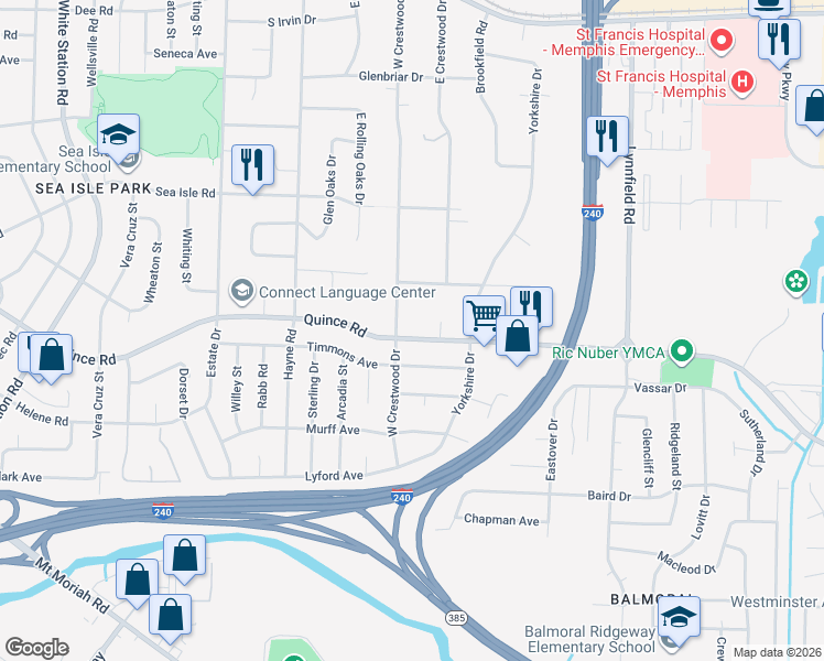 map of restaurants, bars, coffee shops, grocery stores, and more near 5547 Quince Road in Memphis