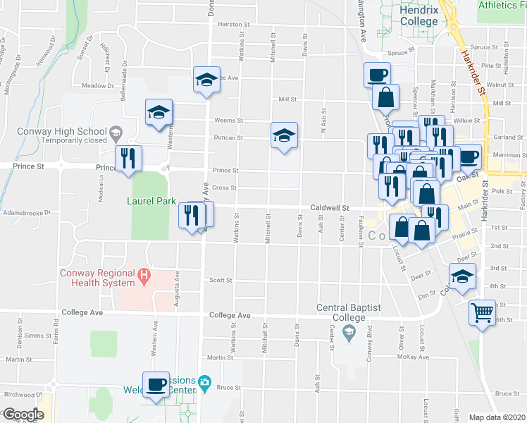 map of restaurants, bars, coffee shops, grocery stores, and more near 1905 Caldwell Street in Conway