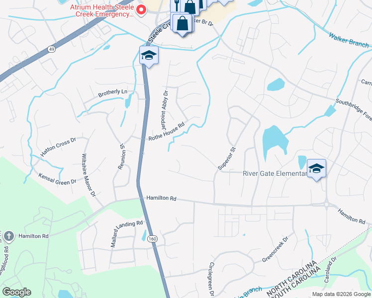 map of restaurants, bars, coffee shops, grocery stores, and more near 15548 Normans Landing Drive in Charlotte