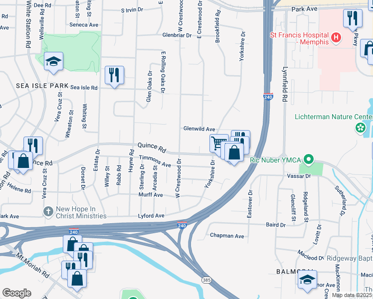 map of restaurants, bars, coffee shops, grocery stores, and more near 5540 Quince Road in Memphis