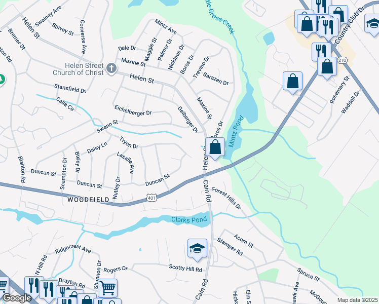 map of restaurants, bars, coffee shops, grocery stores, and more near 1624 Tryon Drive in Fayetteville