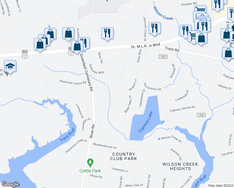 map of restaurants, bars, coffee shops, grocery stores, and more near 302 Fishing Creek Drive in New Bern