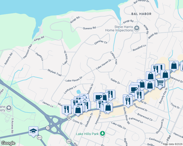map of restaurants, bars, coffee shops, grocery stores, and more near 4131 Melinda Drive in Chattanooga