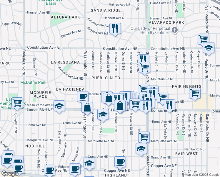 map of restaurants, bars, coffee shops, grocery stores, and more near 712 Madison Street Northeast in Albuquerque