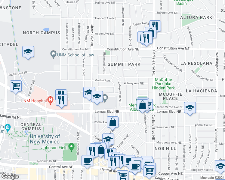 map of restaurants, bars, coffee shops, grocery stores, and more near 809 Summit Drive Northeast in Albuquerque