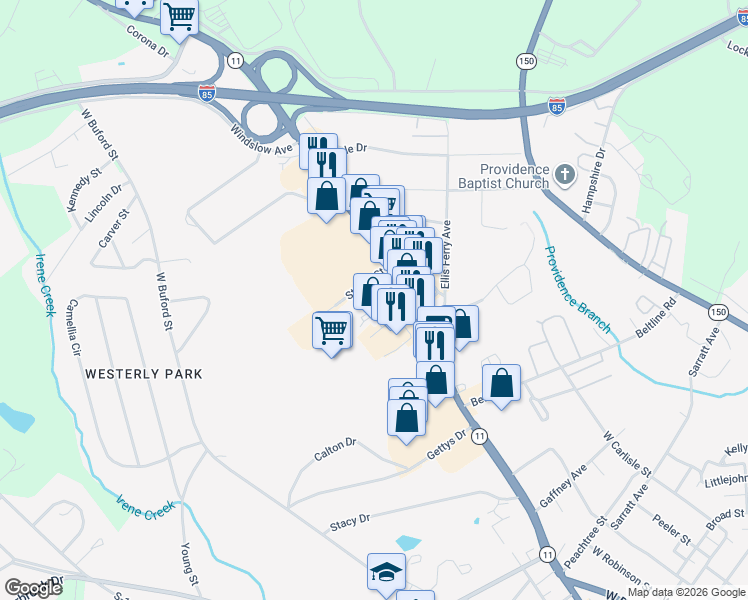 map of restaurants, bars, coffee shops, grocery stores, and more near 150 Walton Drive in Gaffney