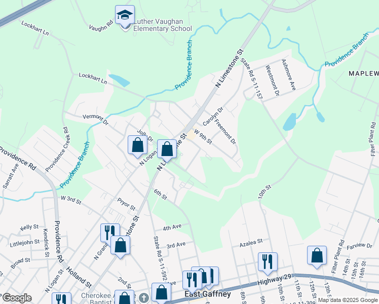 map of restaurants, bars, coffee shops, grocery stores, and more near 1530 North Limestone Street in Gaffney