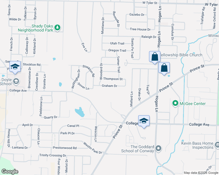 map of restaurants, bars, coffee shops, grocery stores, and more near 4605 Graham Drive in Conway