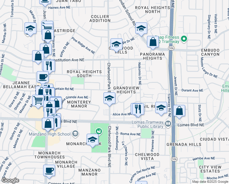 map of restaurants, bars, coffee shops, grocery stores, and more near in Albuquerque