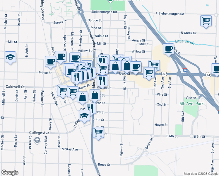 map of restaurants, bars, coffee shops, grocery stores, and more near 742 Factory Street in Conway