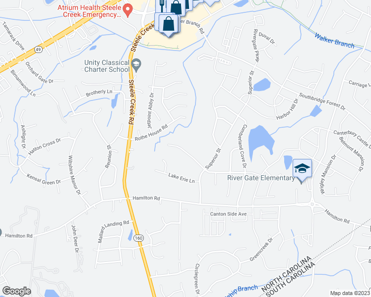 map of restaurants, bars, coffee shops, grocery stores, and more near 15549 Normans Landing Drive in Charlotte