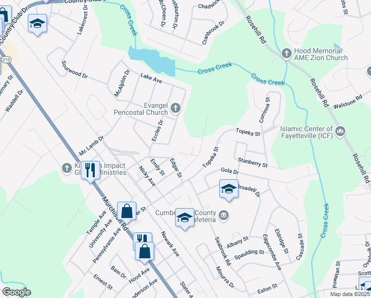 map of restaurants, bars, coffee shops, grocery stores, and more near 2214 Roosevelt Drive in Fayetteville