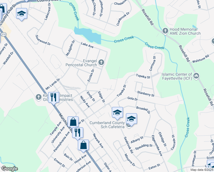 map of restaurants, bars, coffee shops, grocery stores, and more near 2214 Roosevelt Drive in Fayetteville