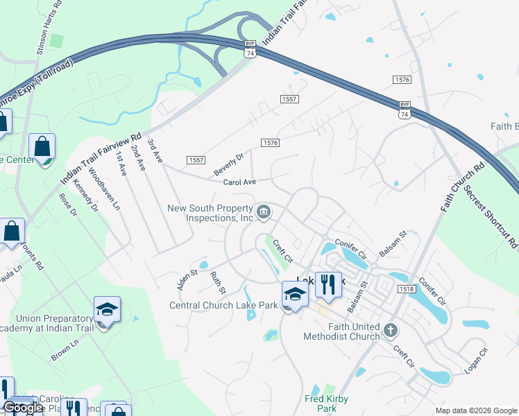 map of restaurants, bars, coffee shops, grocery stores, and more near 7002 Conifer Circle in Indian Trail