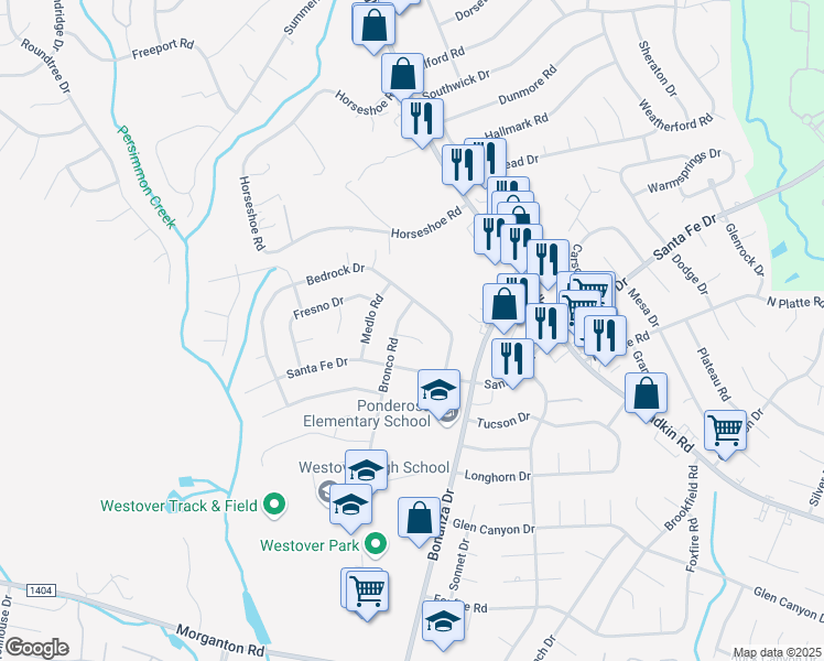map of restaurants, bars, coffee shops, grocery stores, and more near 6030 Concho Court in Fayetteville