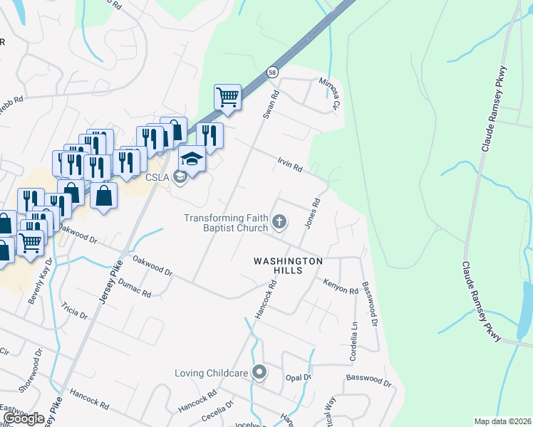 map of restaurants, bars, coffee shops, grocery stores, and more near 5001 Jarrett Road in Chattanooga