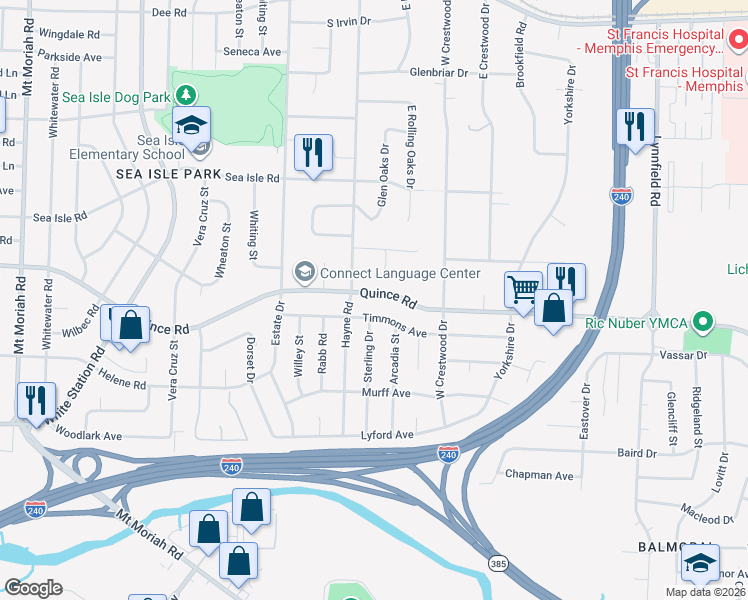 map of restaurants, bars, coffee shops, grocery stores, and more near 5410 Timmons Avenue in Memphis