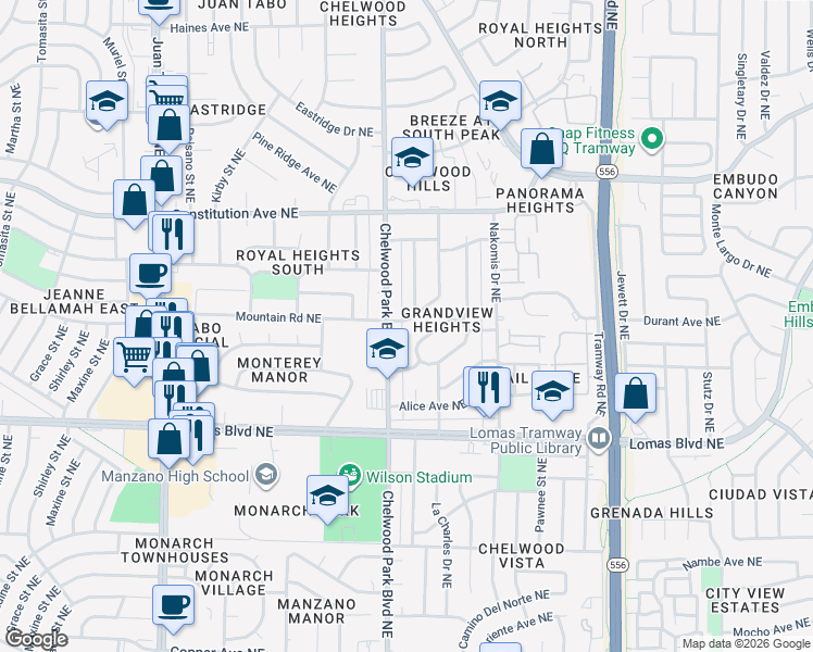 map of restaurants, bars, coffee shops, grocery stores, and more near in Albuquerque