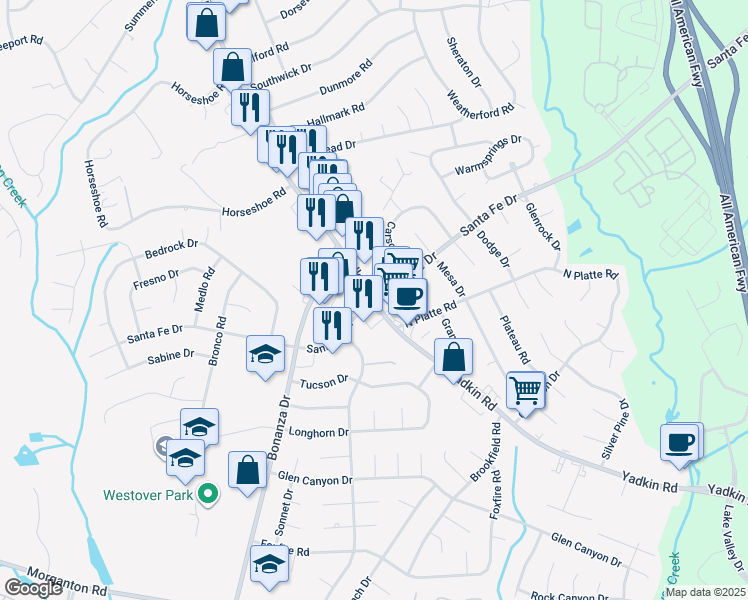 map of restaurants, bars, coffee shops, grocery stores, and more near in Fayetteville