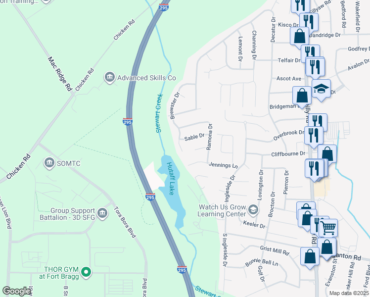 map of restaurants, bars, coffee shops, grocery stores, and more near 224 Brewster Dr in Fayetteville