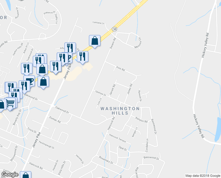 map of restaurants, bars, coffee shops, grocery stores, and more near 5001 Jarrett Road in Chattanooga