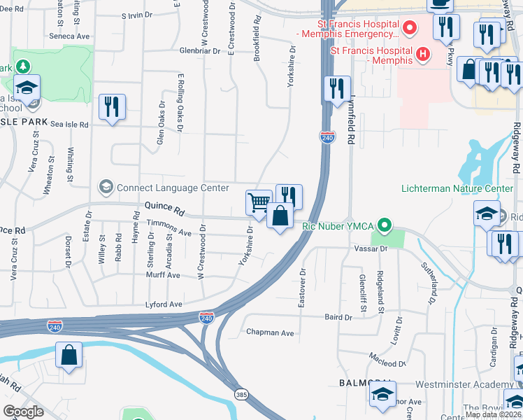 map of restaurants, bars, coffee shops, grocery stores, and more near 5679 Quince Road in Memphis