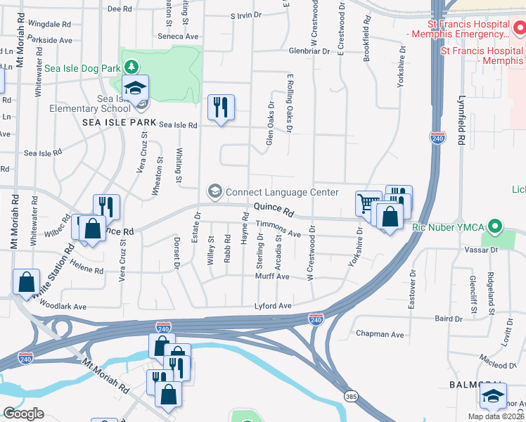 map of restaurants, bars, coffee shops, grocery stores, and more near 5410 Timmons Avenue in Memphis