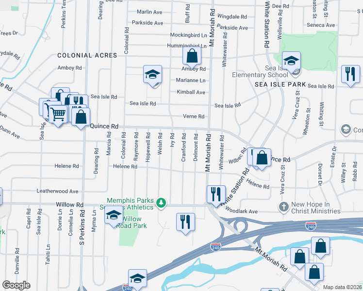 map of restaurants, bars, coffee shops, grocery stores, and more near 1534 Cranford Road in Memphis