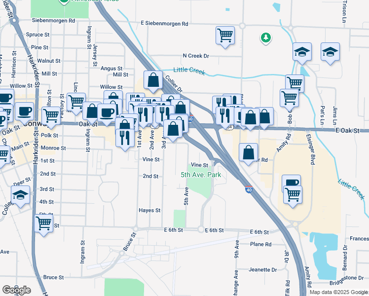 map of restaurants, bars, coffee shops, grocery stores, and more near 704 4th Avenue in Conway