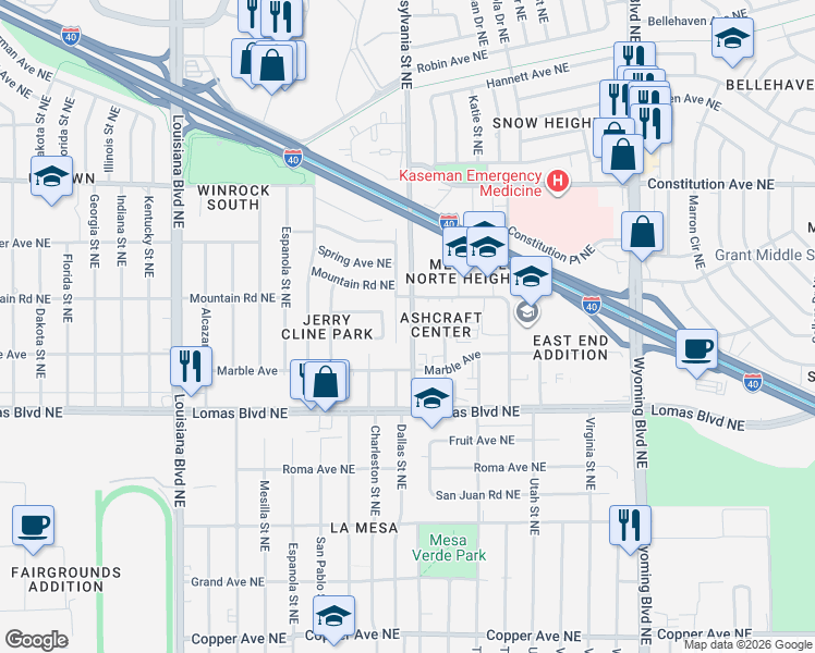 map of restaurants, bars, coffee shops, grocery stores, and more near 1113 Pennsylvania Street Northeast in Albuquerque