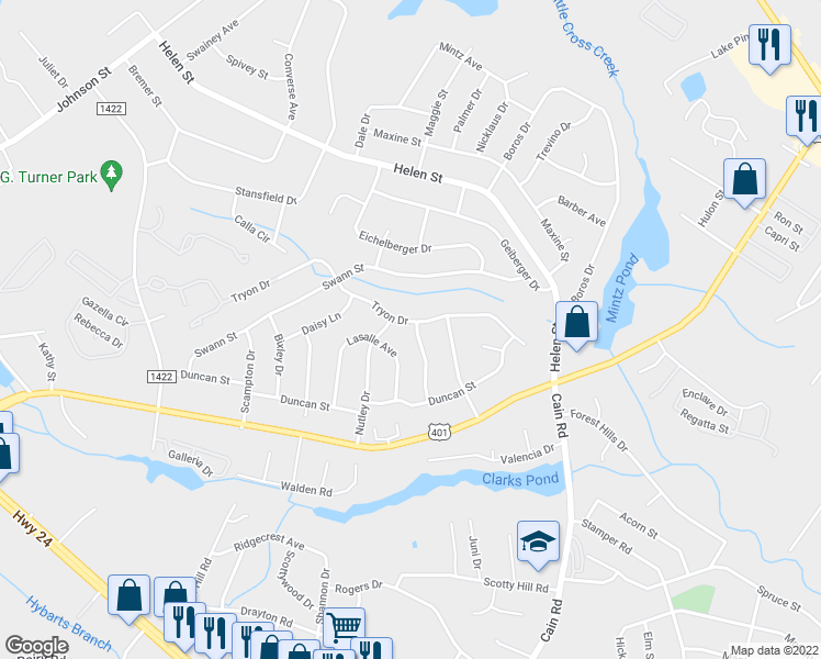 map of restaurants, bars, coffee shops, grocery stores, and more near 1673 Tryon Drive in Fayetteville