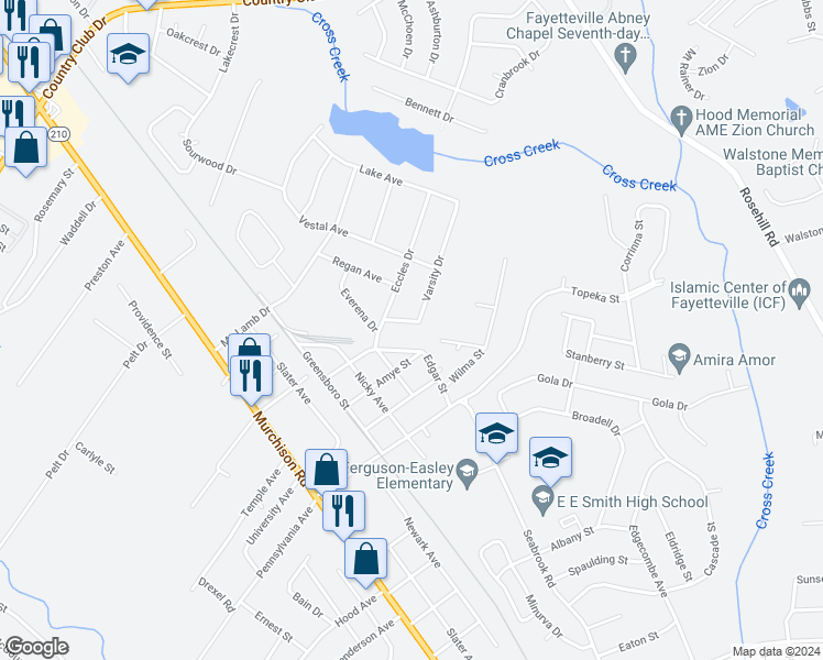 map of restaurants, bars, coffee shops, grocery stores, and more near 829 Varsity Drive in Fayetteville