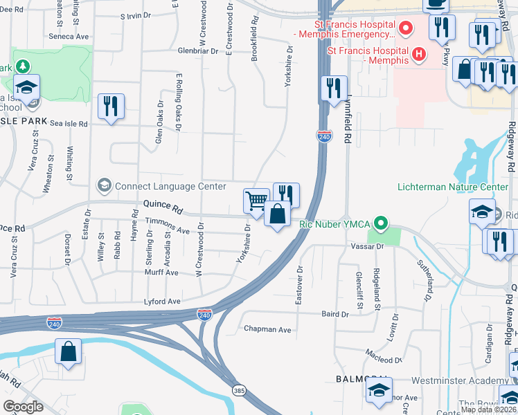 map of restaurants, bars, coffee shops, grocery stores, and more near 5679 Quince Road in Memphis