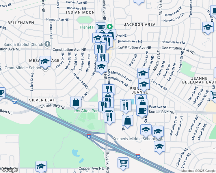 map of restaurants, bars, coffee shops, grocery stores, and more near 1005 Carol Street Northeast in Albuquerque