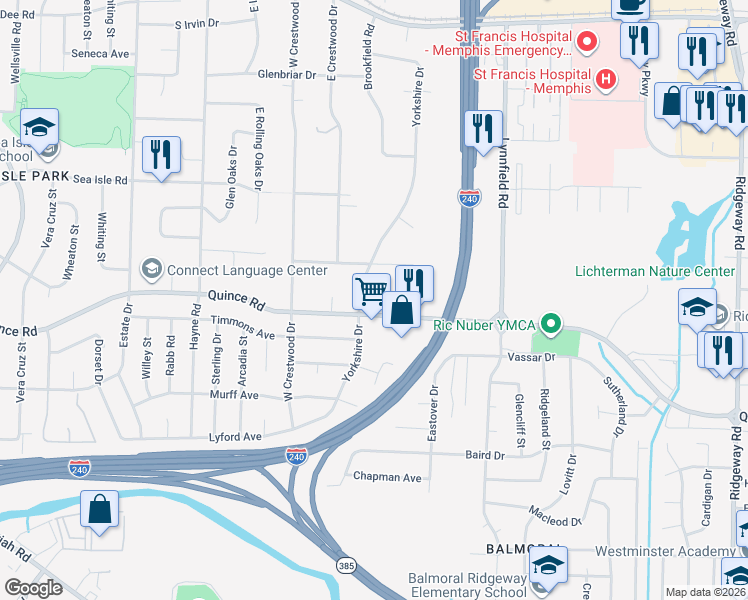map of restaurants, bars, coffee shops, grocery stores, and more near 5679 Quince Road in Memphis