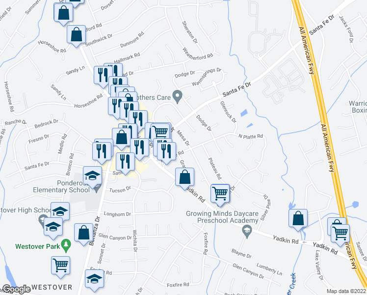 map of restaurants, bars, coffee shops, grocery stores, and more near 437 North Platte Road in Fayetteville