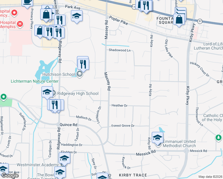 map of restaurants, bars, coffee shops, grocery stores, and more near 6354 Kirby Oaks Drive in Memphis