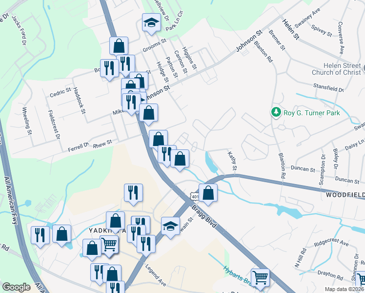 map of restaurants, bars, coffee shops, grocery stores, and more near 1170 Windham Court in Fayetteville