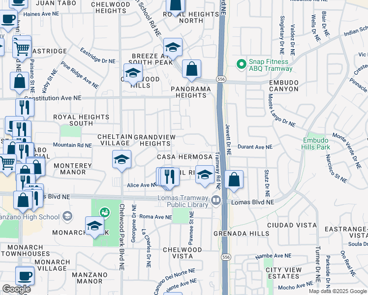 map of restaurants, bars, coffee shops, grocery stores, and more near 34 Casa Hermosa Drive Northeast in Albuquerque
