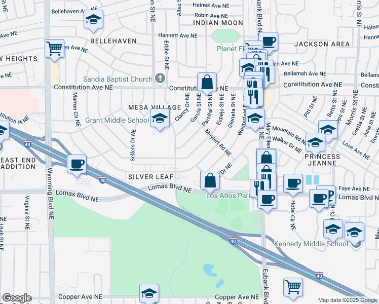 map of restaurants, bars, coffee shops, grocery stores, and more near 1012 Espejo Street Northeast in Albuquerque